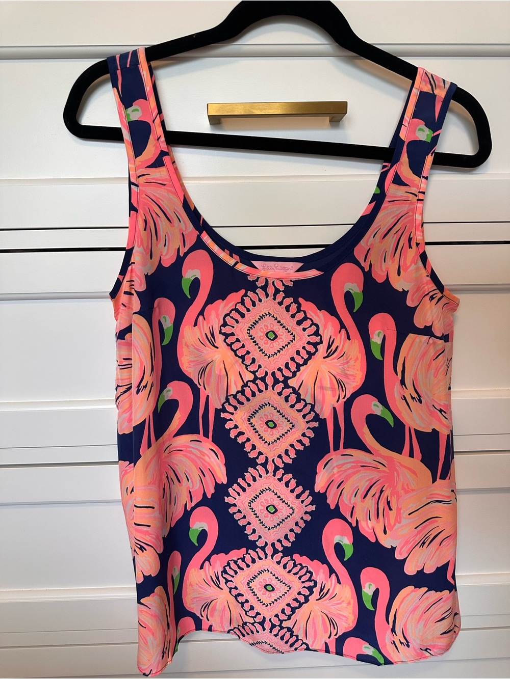 Lilly Pulitzer Cosmos Sleeveless Silk Tank in  Navy Gimme Some Leg Flamingo